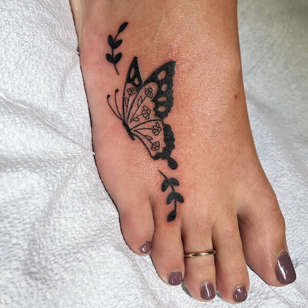 Foot Butterfly And Floral Tattoo