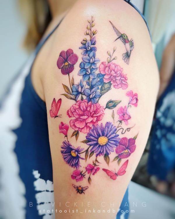 Colorful Butterfly And Flower Tattoo