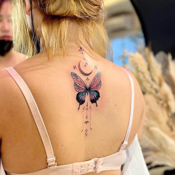 Colorful Butterfly And Moon Back Tattoo