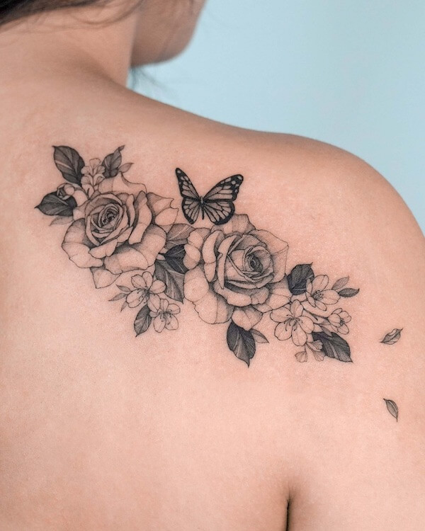 Shoulder Butterfly And Peony Flower Butterfly Tattoo