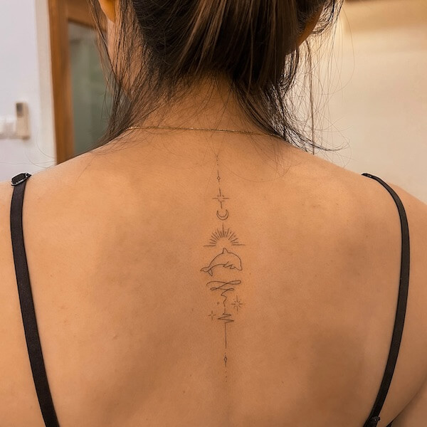 Fine Line Sun Moon Spine Tattoo