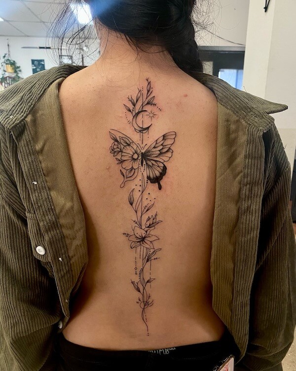 Butterfly And Floral Spine Tattoo