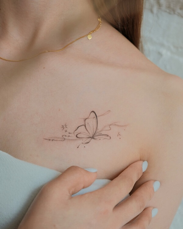 Gentle Collarbone Butterfly And Stars Tattoo