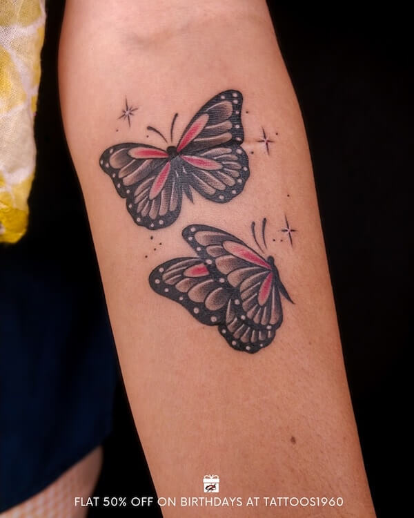 Colorful Two Butterflies And Stars Tattoo