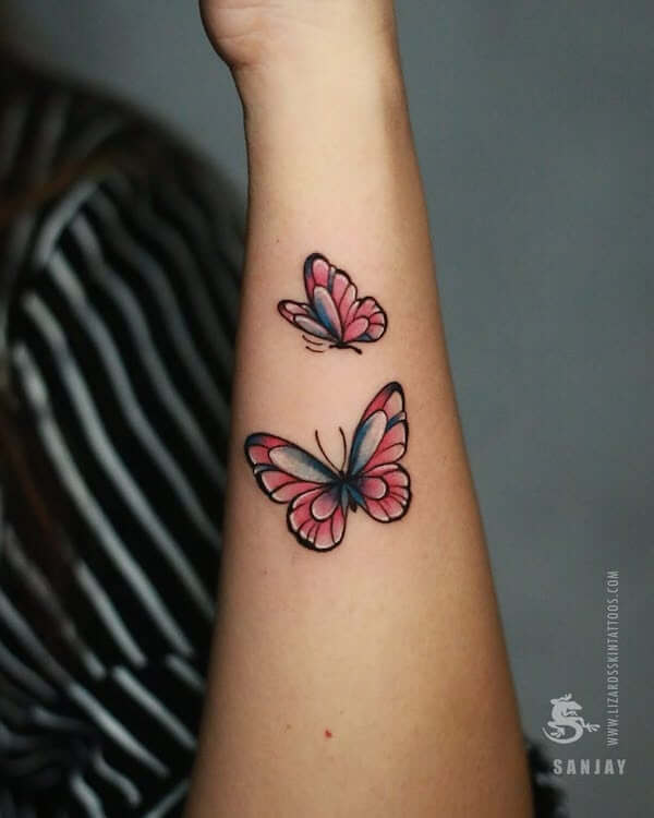 Upper Arm Pink Butterfly Tattoo