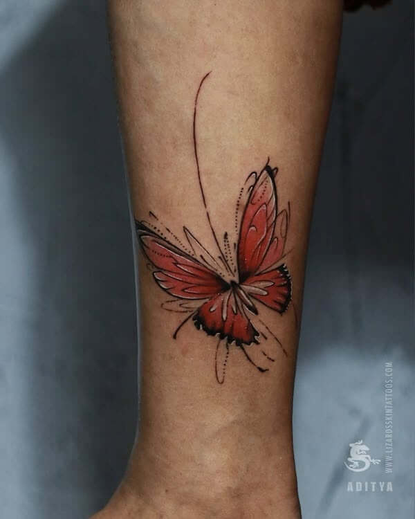 Upper Arm Red Butterfly Tattoo