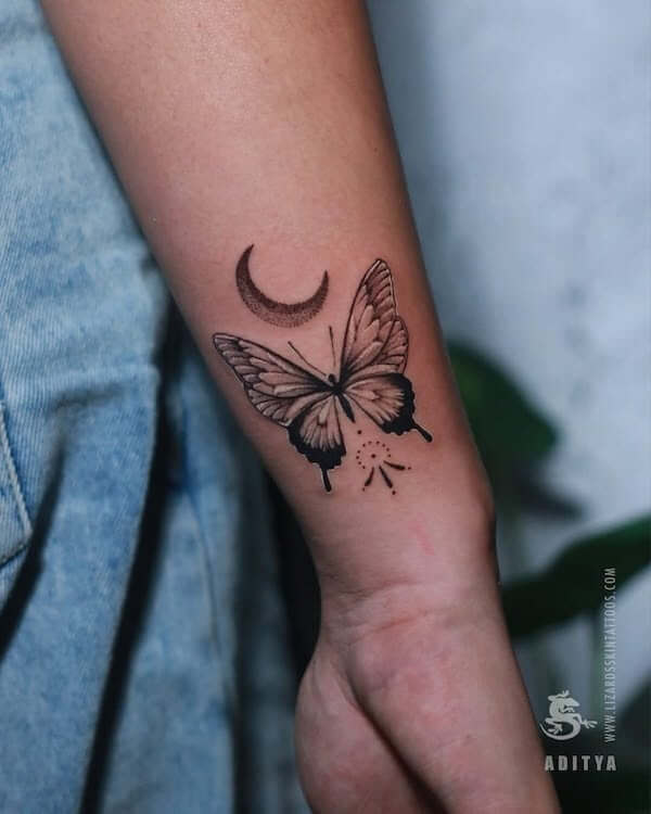 Wrist Butterfly And Moon Tattoo
