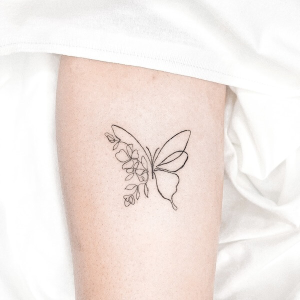 Arm Butterfly And Floral Minimalist Tattoo