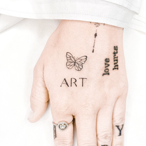 Hand Butterfly And Word Combination Tattoo