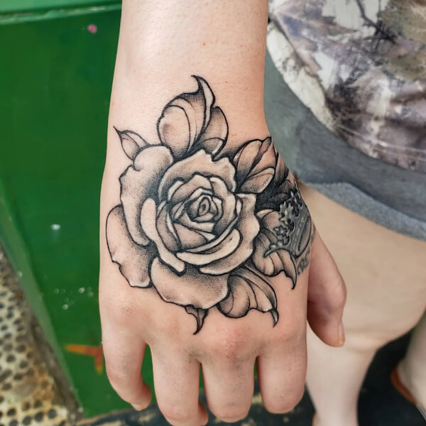 Hand Black And Gray Rose Tattoo