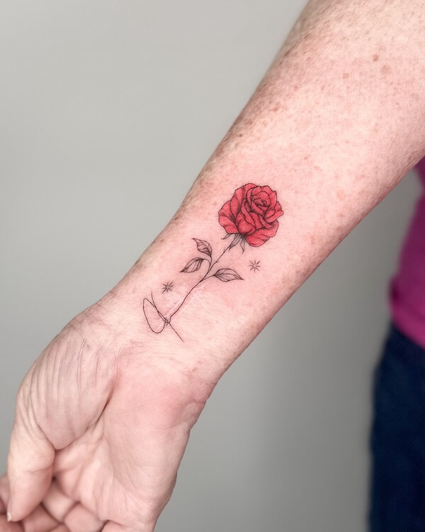 Vibrant Red Rose Tattoo On Wrist