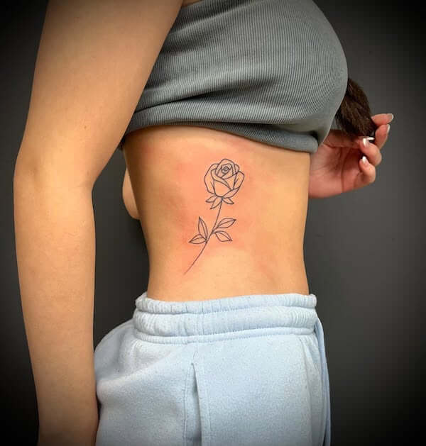 Delicate Black Line Side Rose Tattoo