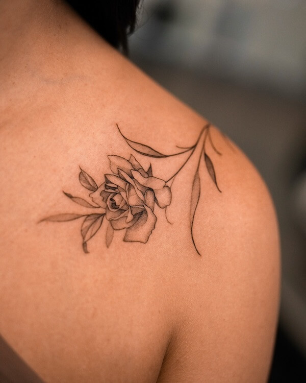 Delicate Shoulder Rose And Leaf Tattoo