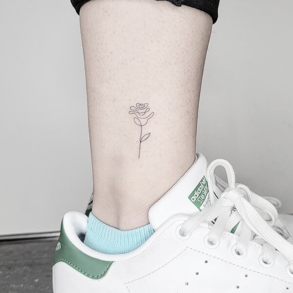 Minimalist Fine Line Rose Ankle Tattoo