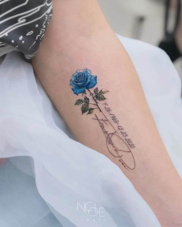 Blue Rose And Letter Tattoo