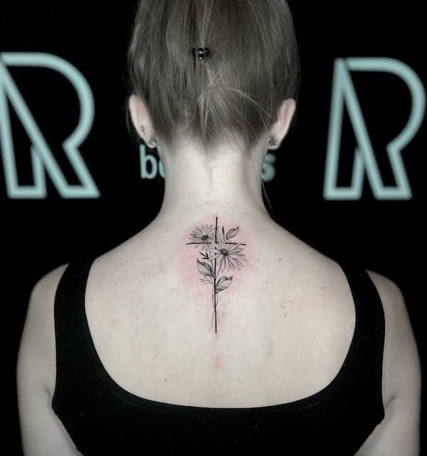 Small Flowers And Cross Tattoo