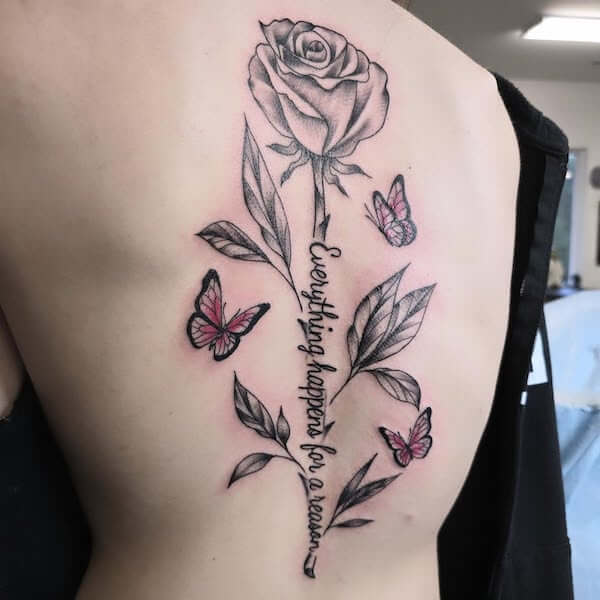 Rose Lettering And Butterfly Spine Tattoo
