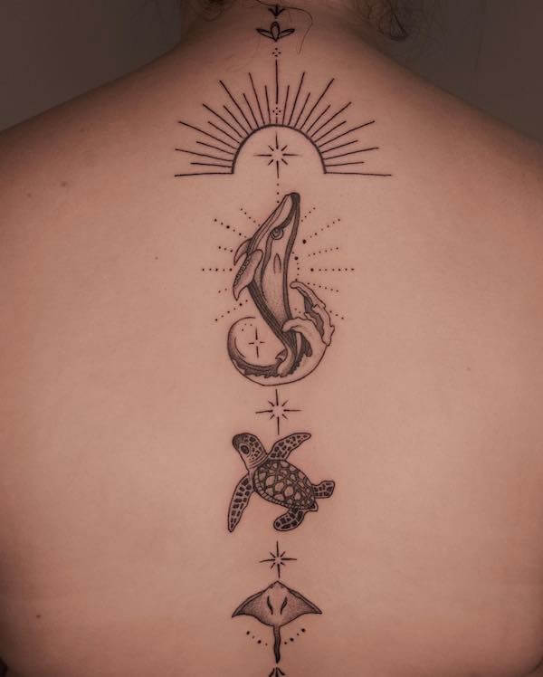 Ocean Theme Spine Tattoo