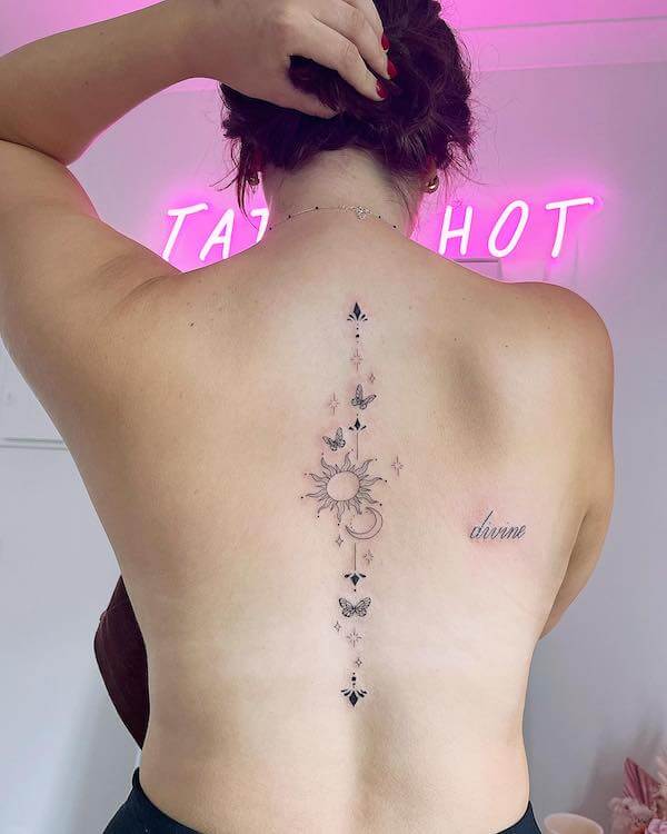 Butterfly And Celestial Spine Tattoo