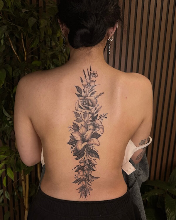 Beautiful Floral Spine Tattoo