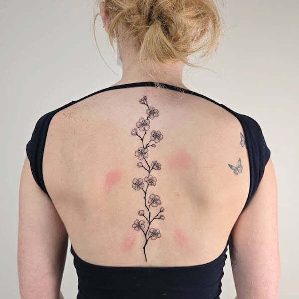 Classic Black Cherry Blossom Spine Tattoo