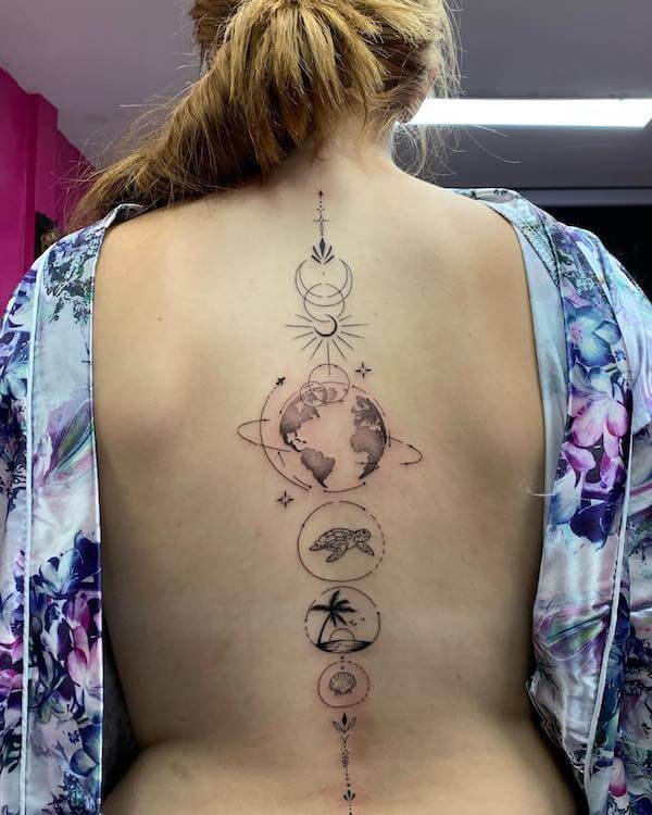 Earth And Ocean Themed Spine Tattoo