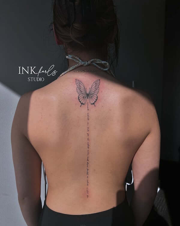 Butterfly And Script Spine Tattoo