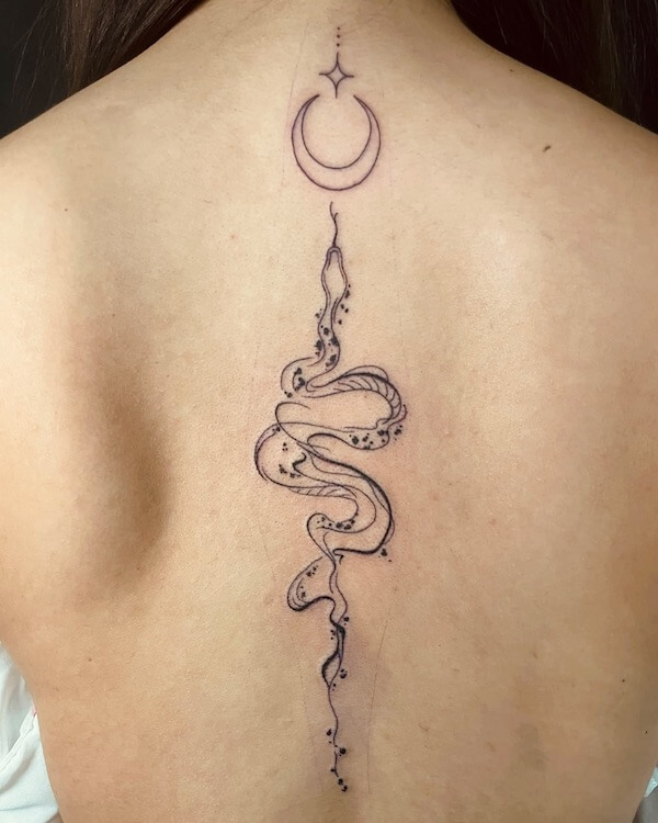 Snake And Moon Spine Tattoo