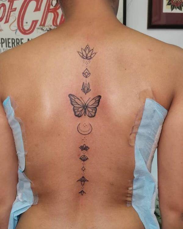 Butterfly And Lotus Spine Tattoo