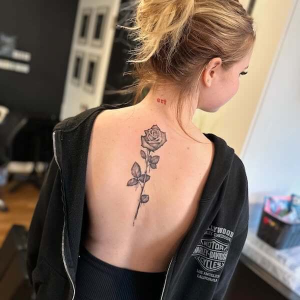 Black Butterfly And Rose Spine Tattoo
